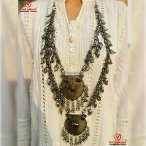 Multi Layered Silver Kuchi Antique Necklace, Unique Silver Big Pendants Necklace